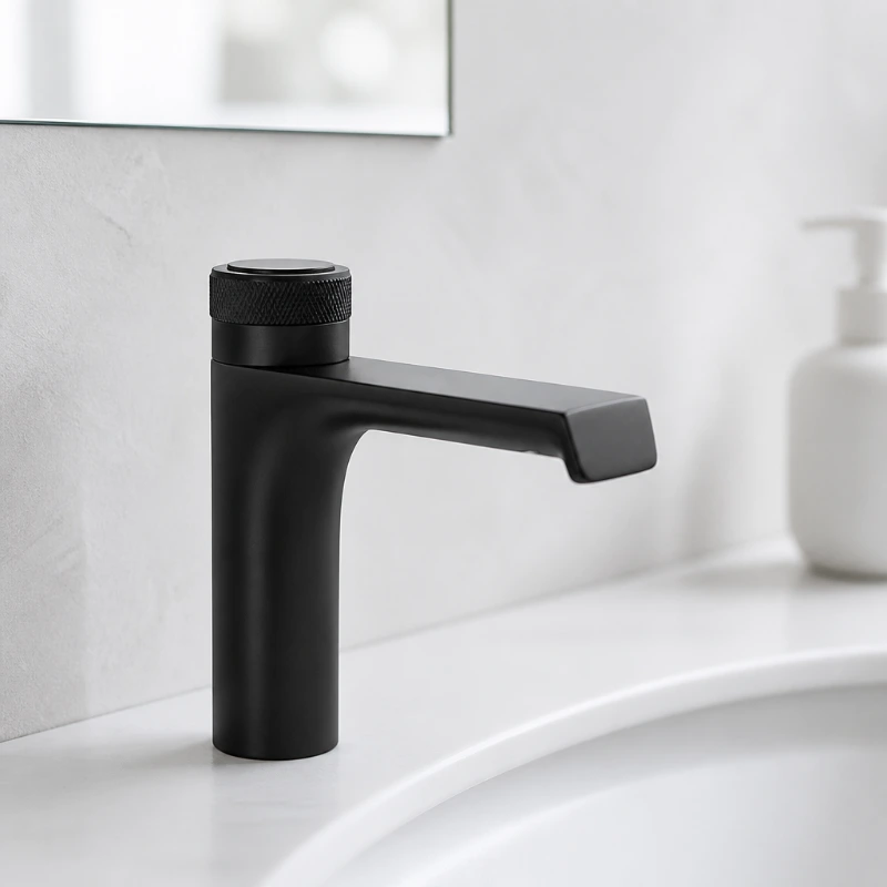 Grifo mezclador para lavabo montado en cubierta con mango moleteado de latón macizo